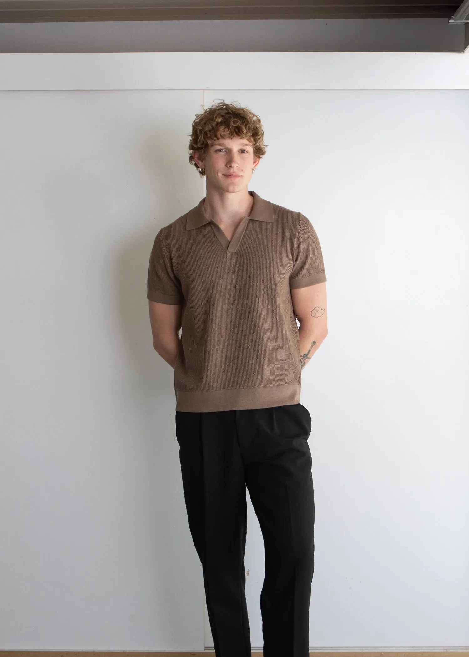 Silk Cotton Open Collar Polo - Stone sold by Uncle Purl product image thumbnail 3