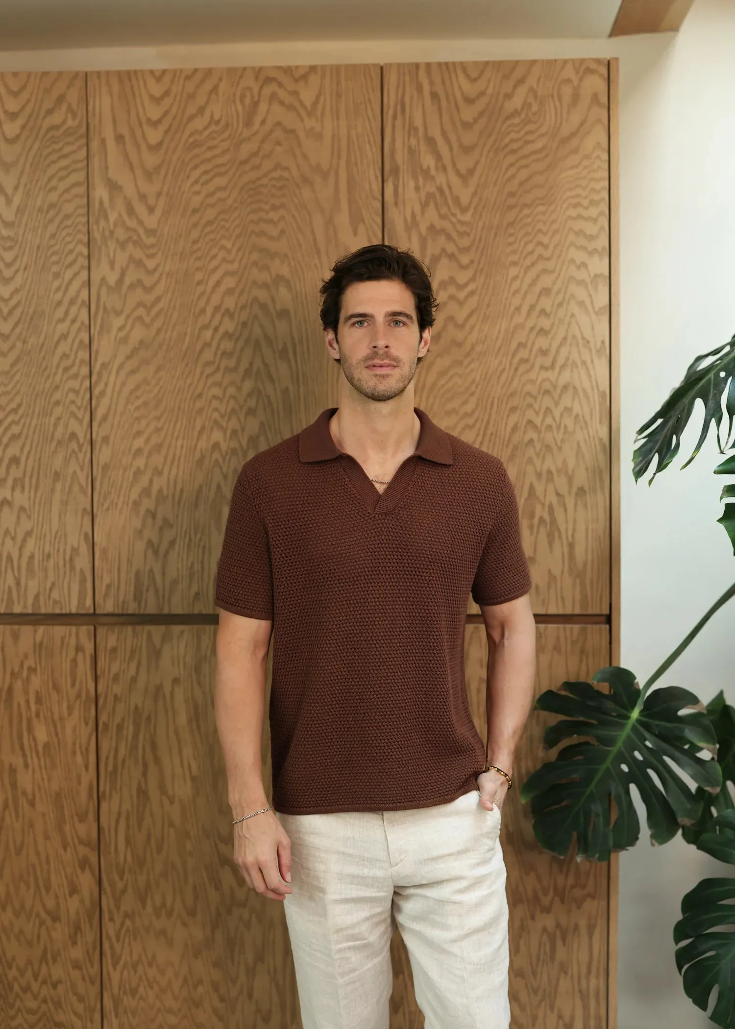 Linen Open Collar Crochet Polo - Rust Brown sold by Uncle Purl product image thumbnail 3
