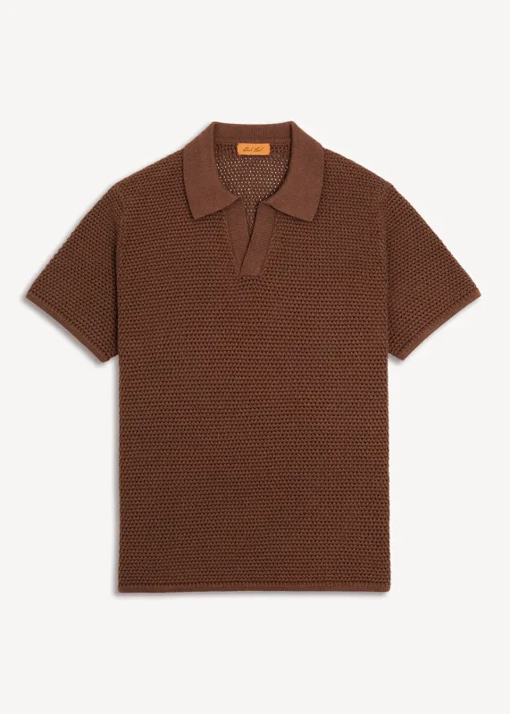 Linen Open Collar Crochet Polo - Rust Brown made by Uncle Purl