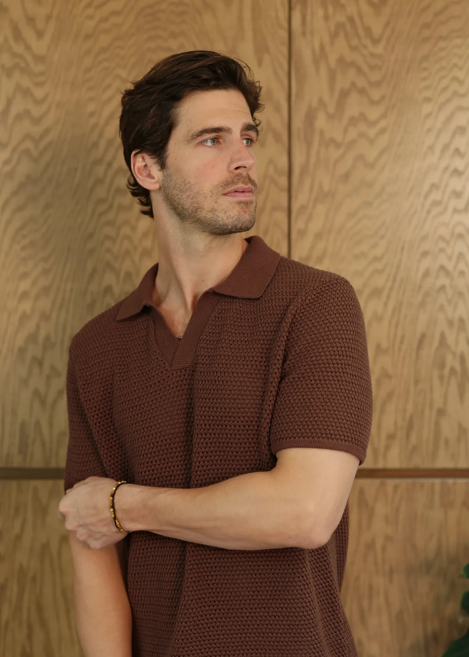 Linen Open Collar Crochet Polo - Rust Brown sold by Uncle Purl product image thumbnail 4