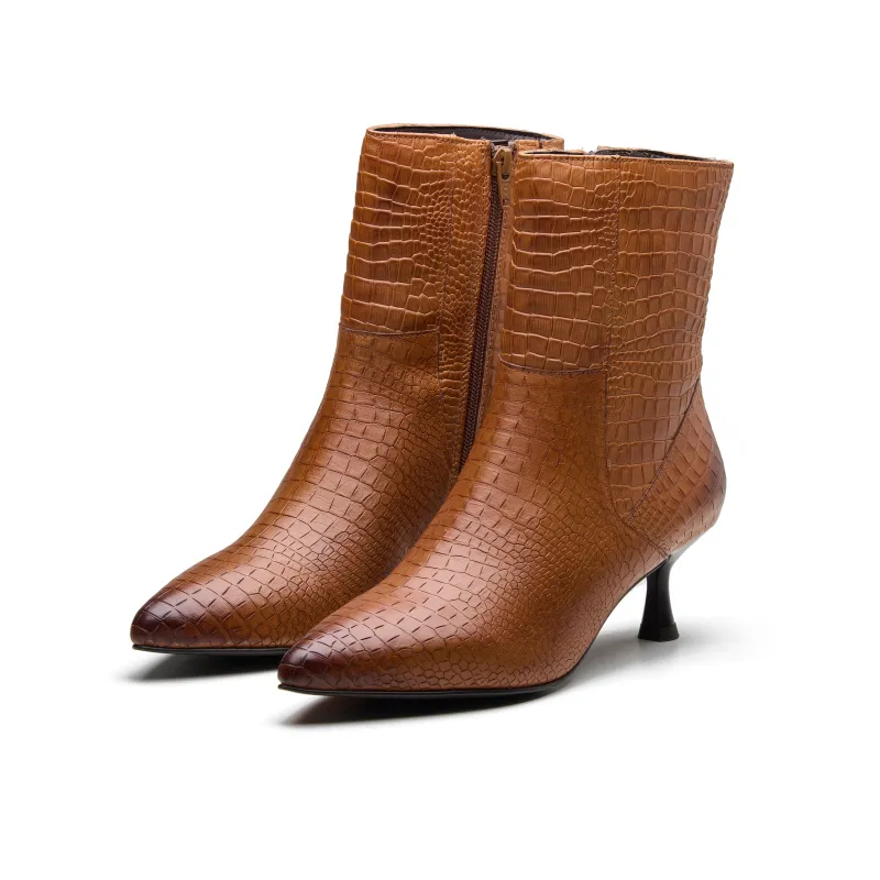 Noa Womens Croc Leather Heel Bootie made by Allonsi
