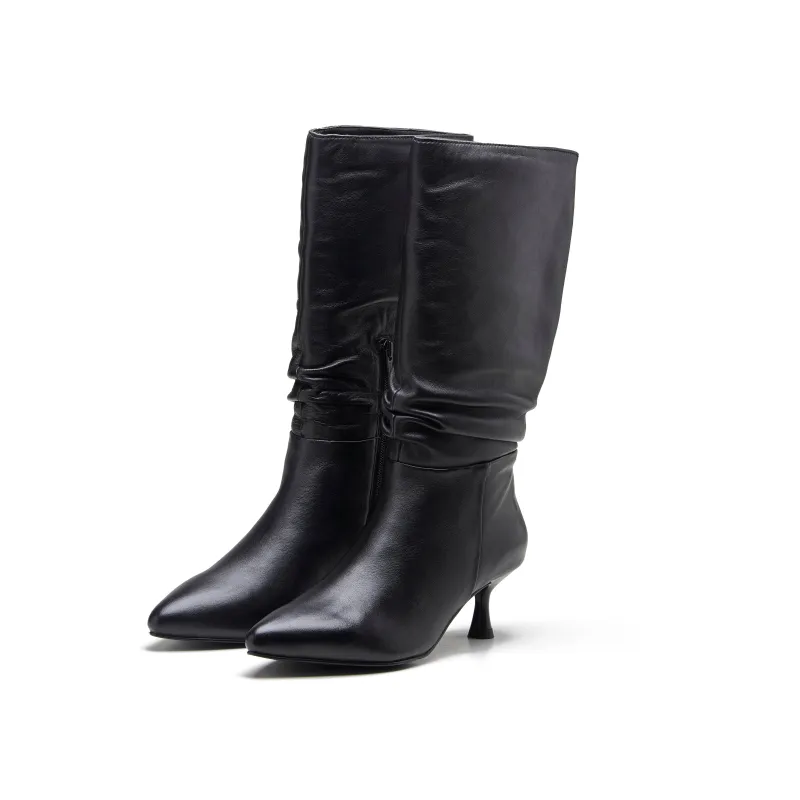 Lucia Womens Ruched Leather Heel Boot made by Allonsi