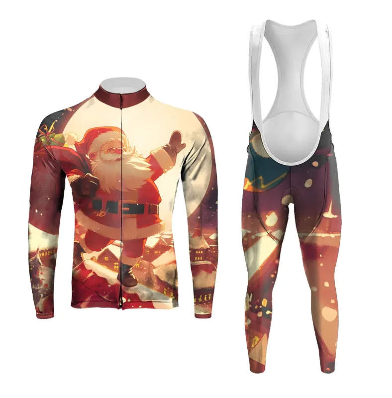 Happy Santa Claus Climbs Into The Red House At Night To Deliver Gifts Men's Long Sleeve Cycling Kit sold by RSSC Sports