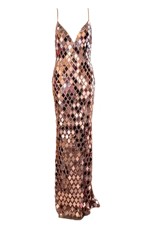 Beaded Mirror Prom Gown With Spaghetti Straps and Dramatic Slit made by Runaway Catalog