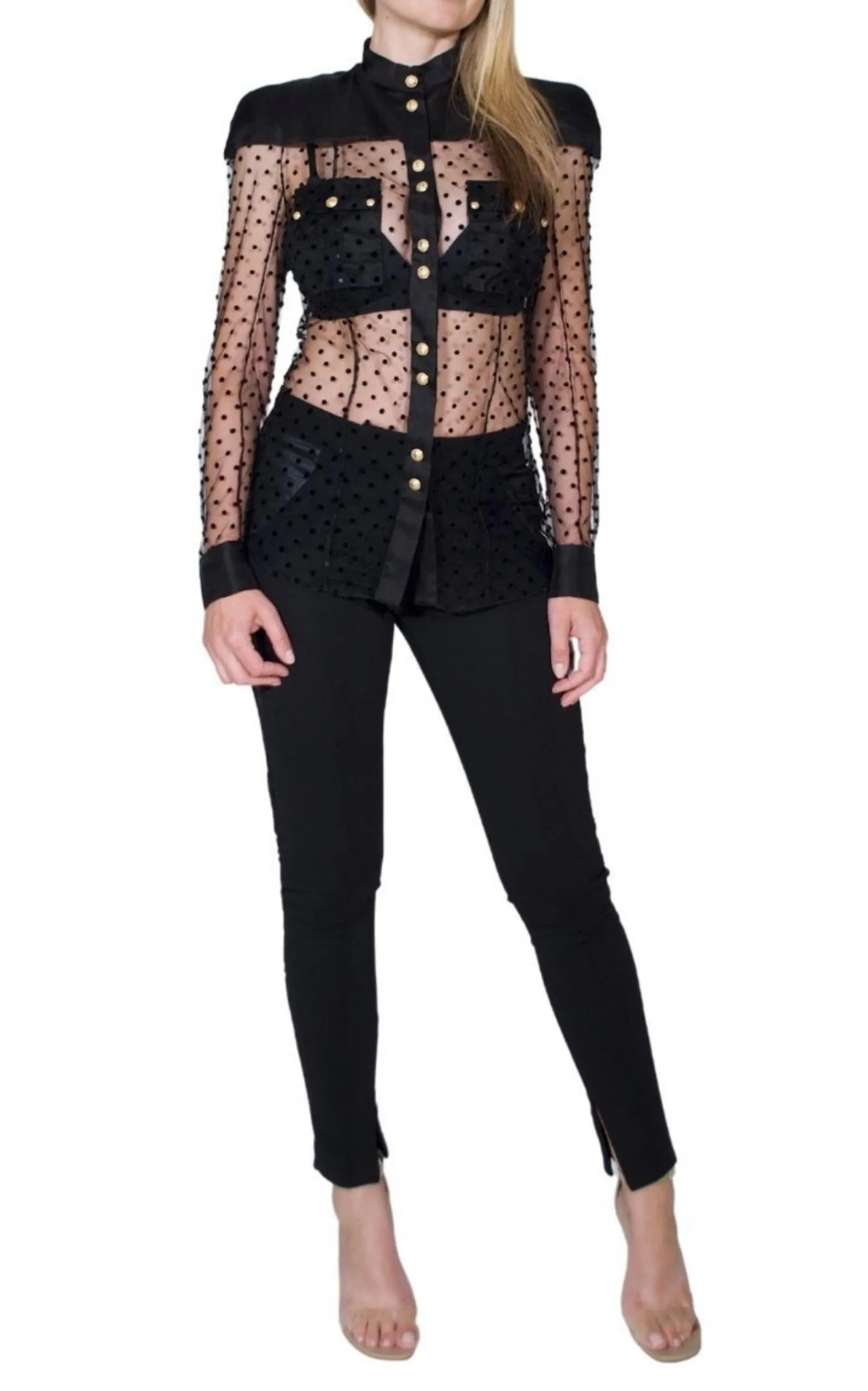 Long Sleeve Black Polka Dot Silk Shirt with Gold Buttons sold by Runaway Catalog product image thumbnail 4
