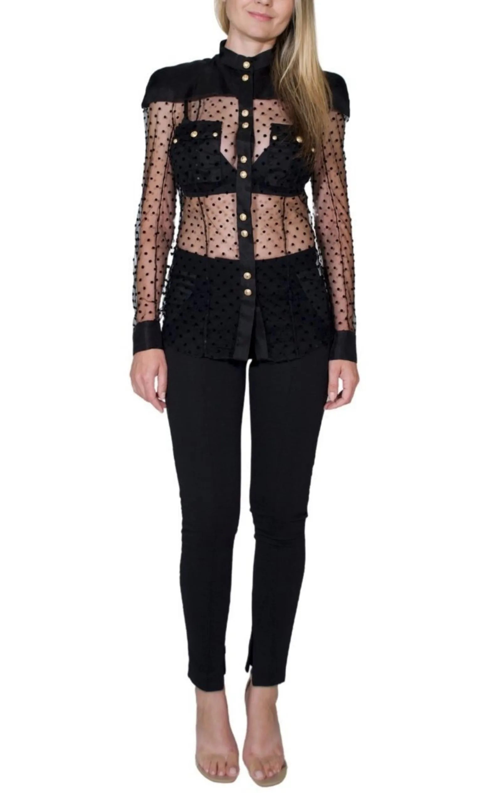 Long Sleeve Black Polka Dot Silk Shirt with Gold Buttons sold by Runaway Catalog product image thumbnail 3