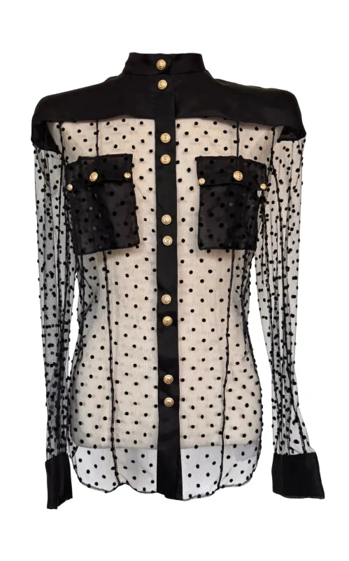 Long Sleeve Black Polka Dot Silk Shirt with Gold Buttons sold by Runaway Catalog