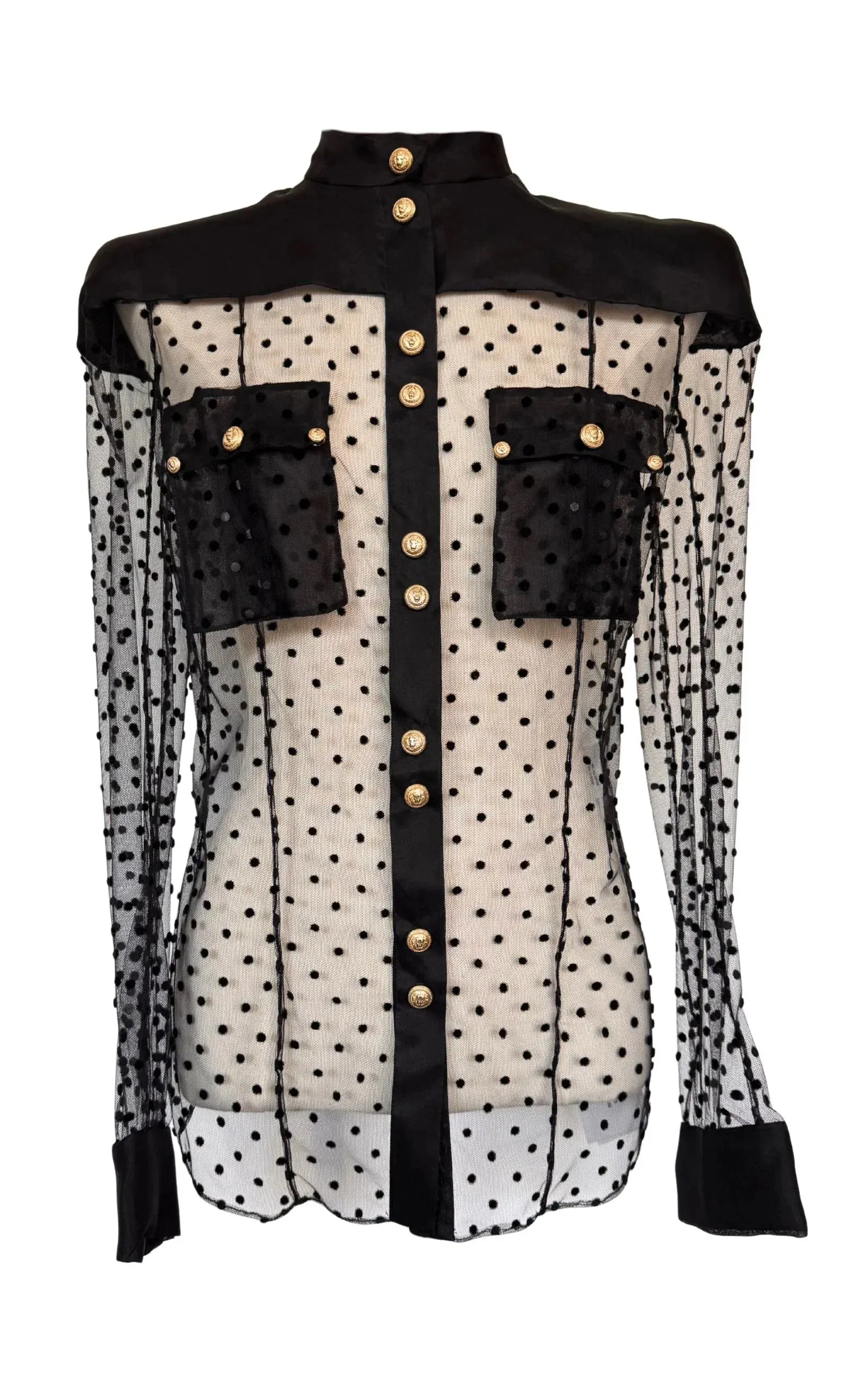 Long Sleeve Black Polka Dot Silk Shirt with Gold Buttons sold by Runaway Catalog