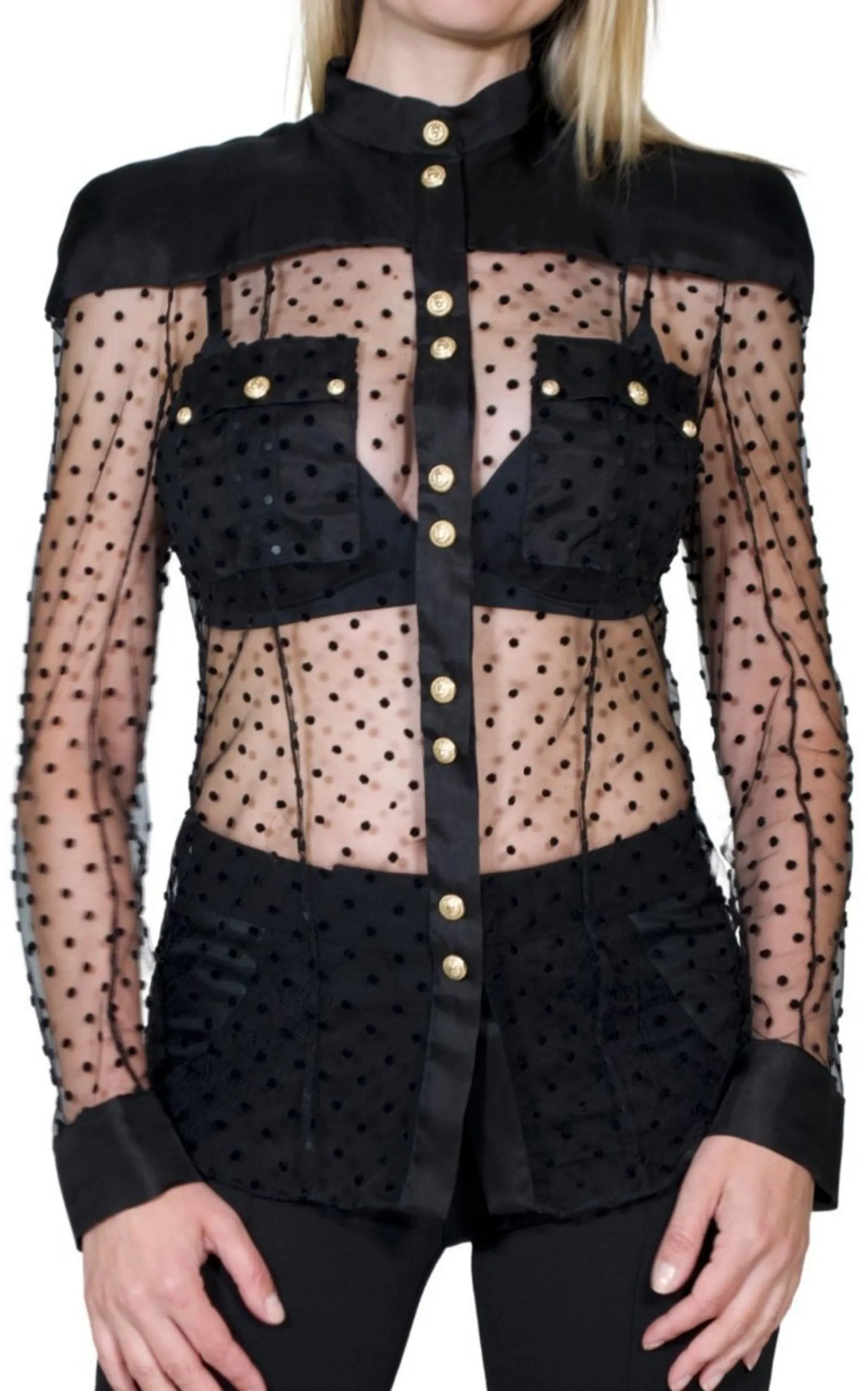 Long Sleeve Black Polka Dot Silk Shirt with Gold Buttons sold by Runaway Catalog product image thumbnail 2