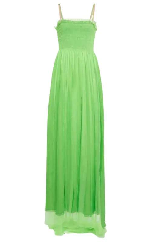 Kiwi Green Shirred Bodice Smocked Silk Gown made by Gucci