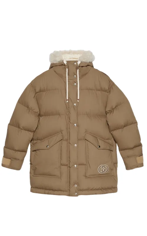Gucci Padded Puffer Jacket with Faux Fur Hood in Sand sold by Runaway Catalog