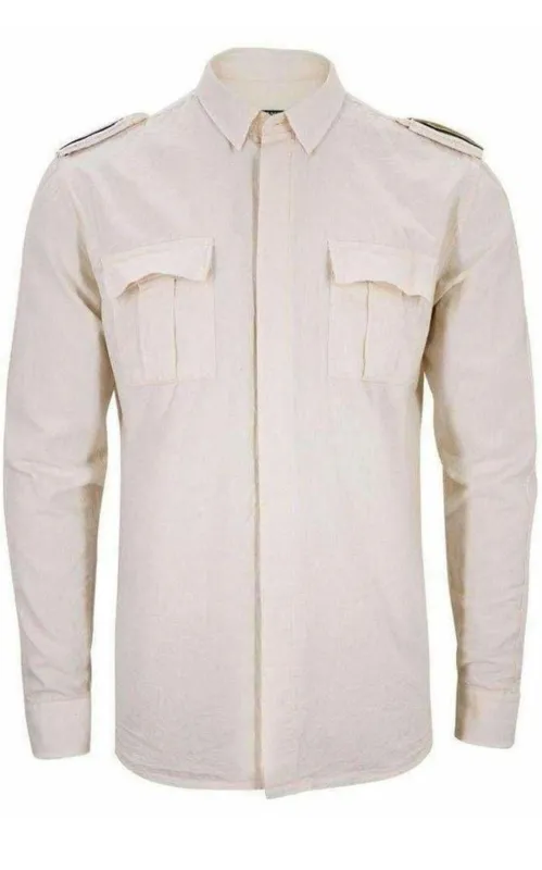 Balmain Ecru Linen Military Shirt with Embroidered Epaulettes sold by Runaway Catalog