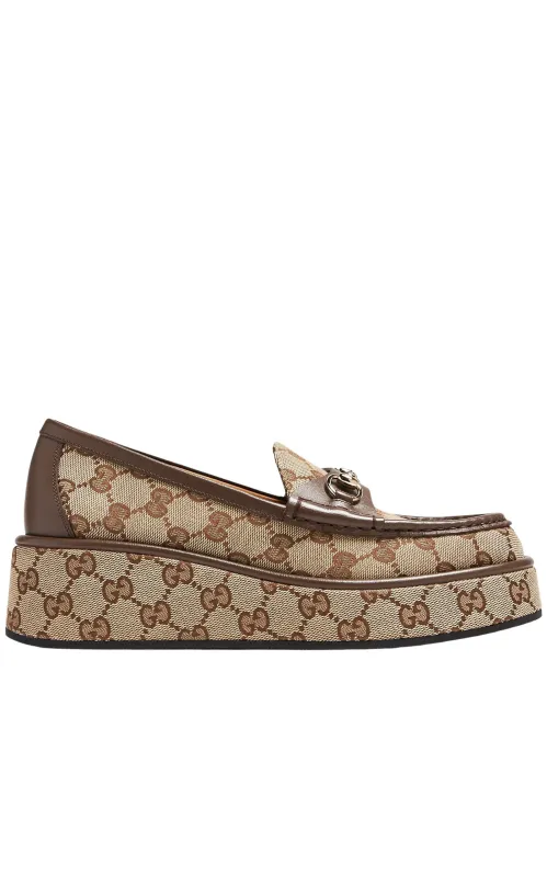 Gucci Horsebit Wedge Loafers in Beige Ebony GG Canvas with Gold Hardware sold by Runaway Catalog
