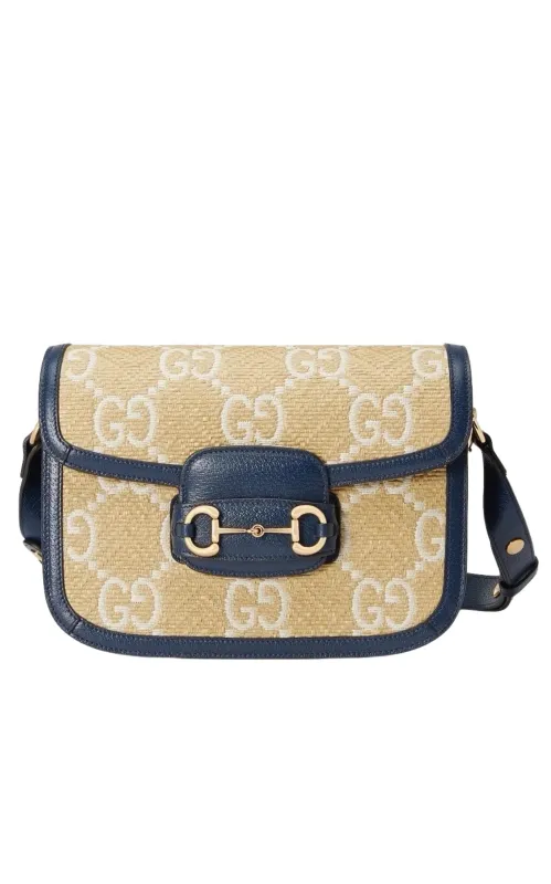 Horsebit 1955 Blue Raffia Shoulder Bag made by Gucci