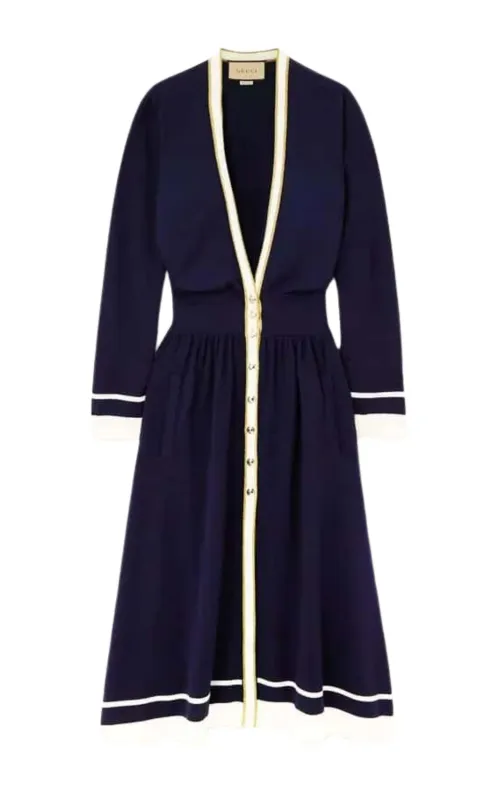 Button-Embellished Striped Wool Midi Dress sold by Runaway Catalog