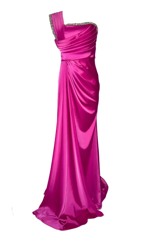 One Shoulder Satin Pleated Crystal Embellished Pink Prom Dresses sold by Runaway Catalog