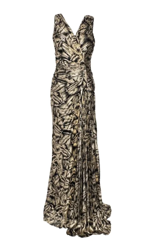 Black Rose Print Gold Shimmer Pleated Prom Dress made by Runaway Catalog