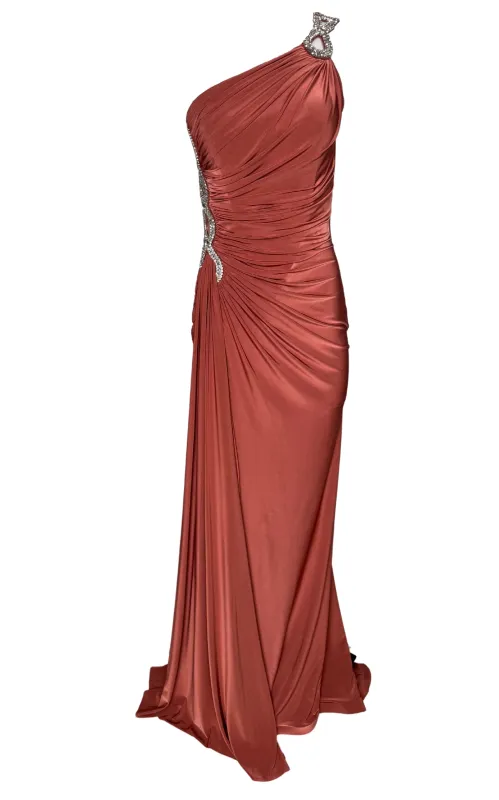 One Shoulder Beaded Stretch Gown in Brown made by Runaway Catalog