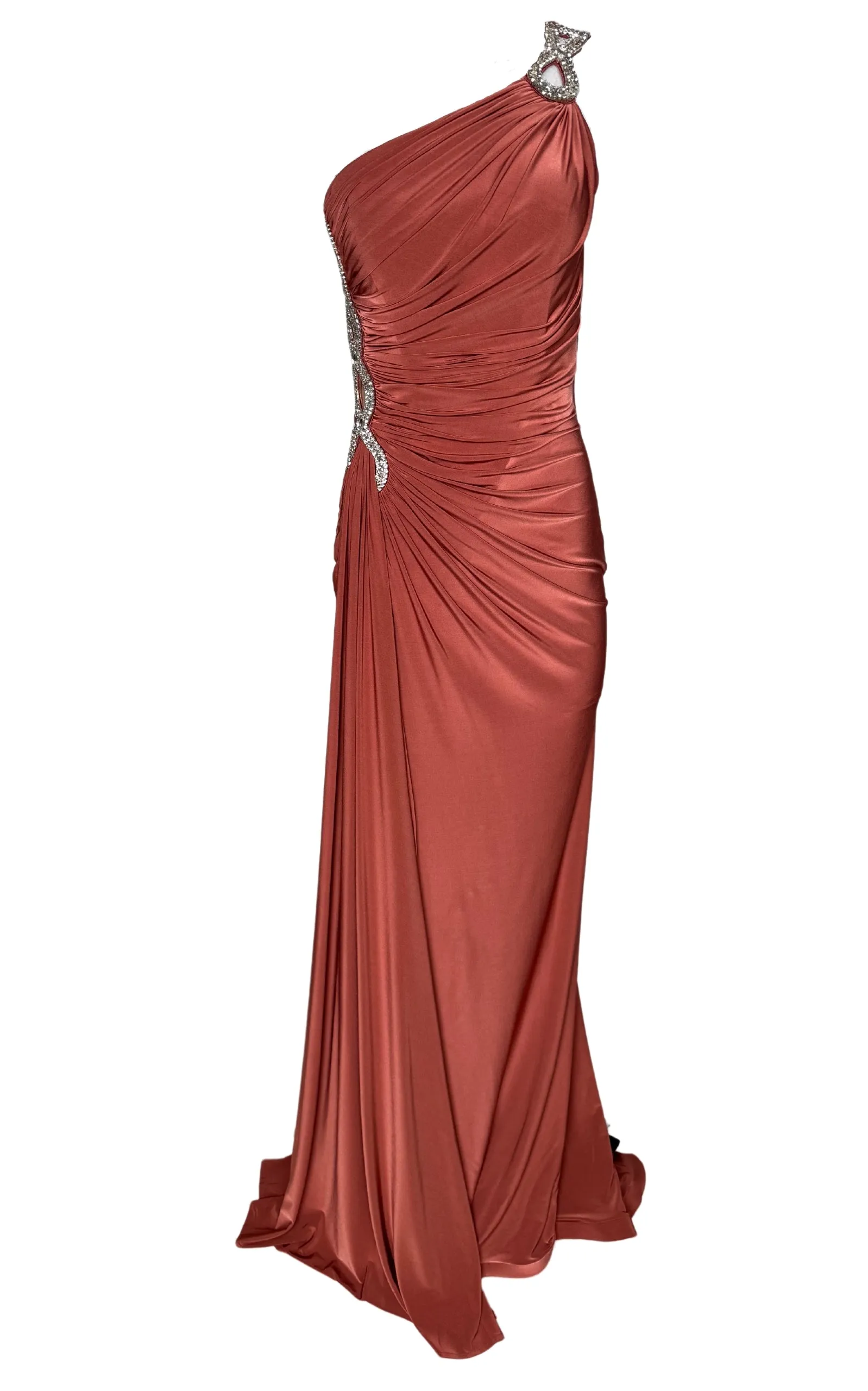 One Shoulder Beaded Stretch Gown in Brown sold by Runaway Catalog