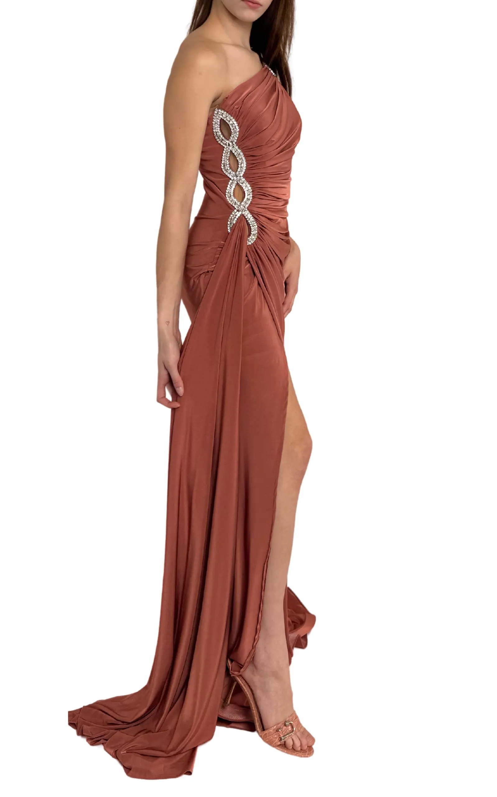 One Shoulder Beaded Stretch Gown in Brown sold by Runaway Catalog product image thumbnail 3