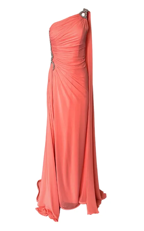 One Shoulder Beaded Gown in Coral made by Runaway Catalog