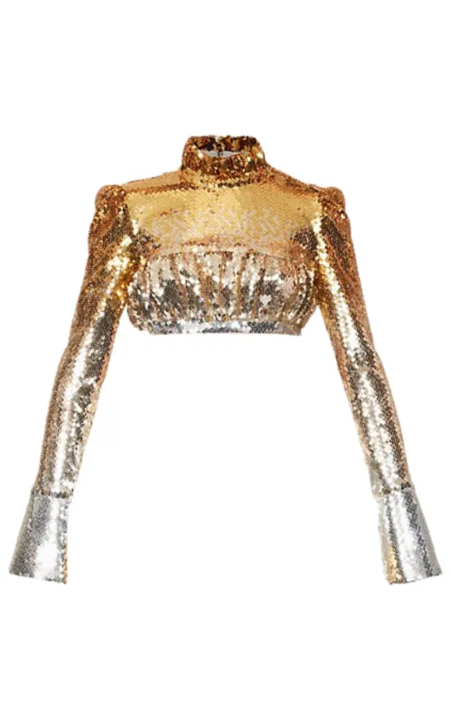 Sequin Top With High Ruffle Neck sold by Runaway Catalog