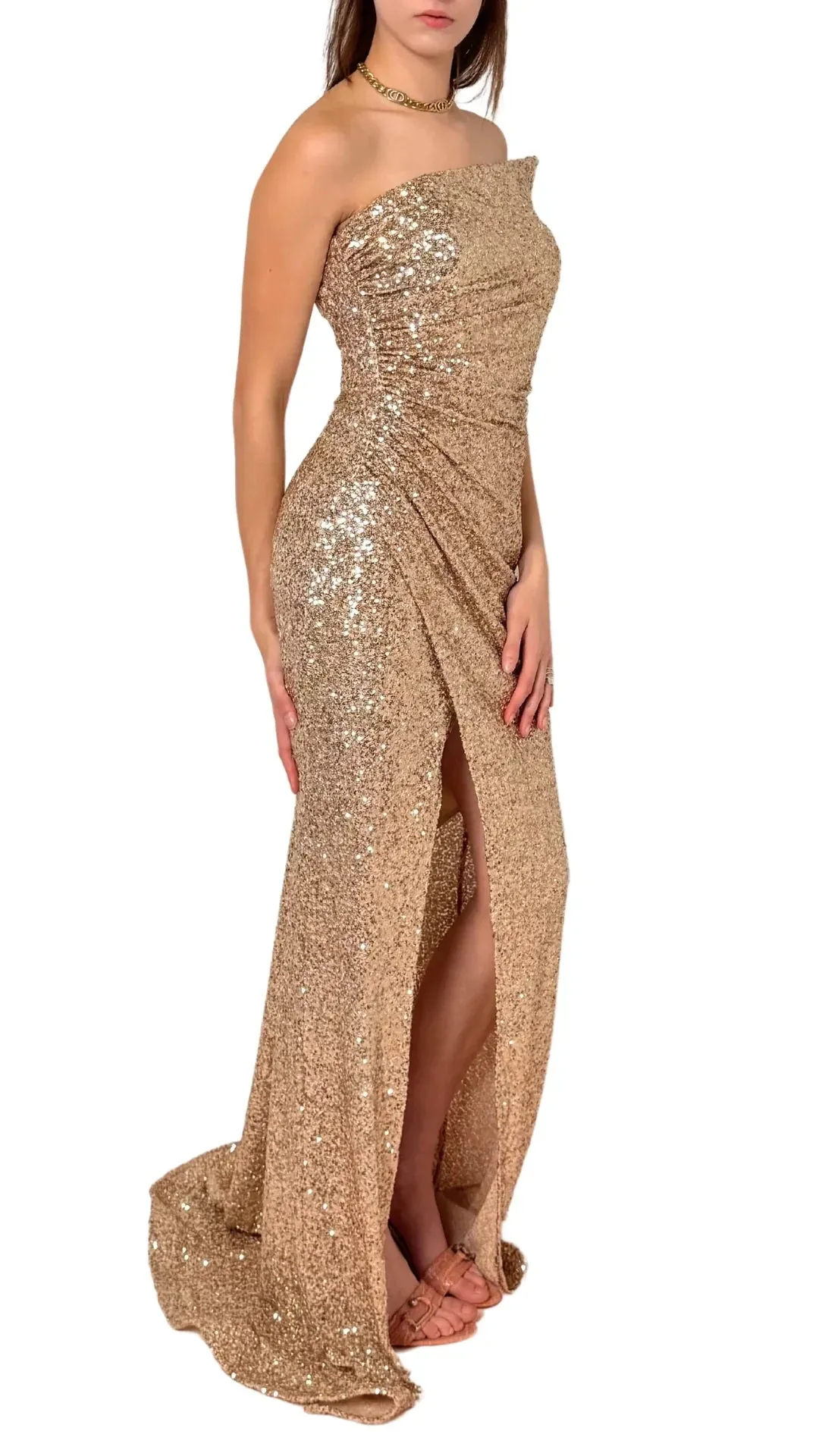 Gold Sequin Asymmetric Bustier Cocktail Prom Dress sold by Runaway Catalog product image thumbnail 3