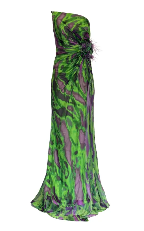 Strapless Green Purple Print Party Dress made by Runaway Catalog