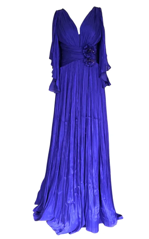Elegant Chiffon Evening Dress Gown with Floral Brooch in Blue sold by Runaway Catalog