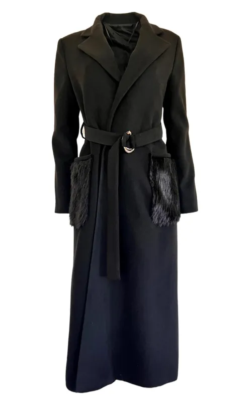 Black Classic Coat with Faux Fur Pockets sold by Runaway Catalog