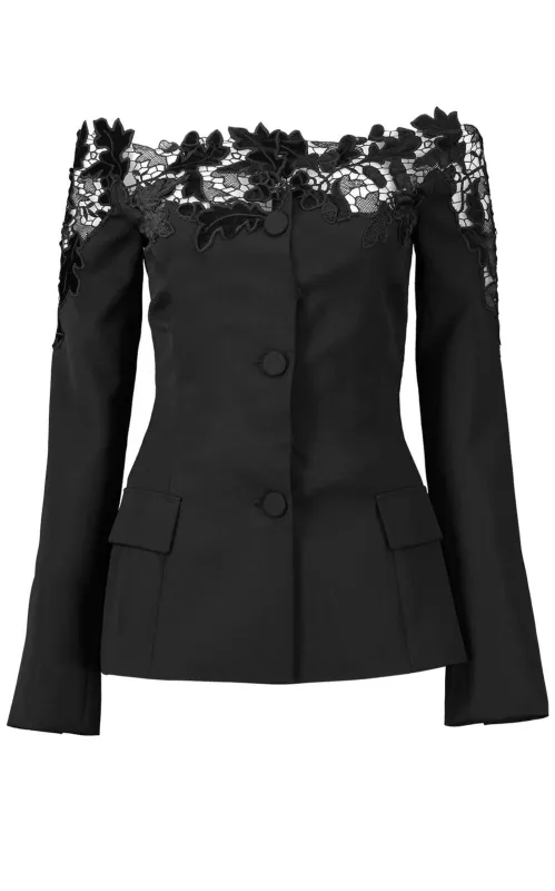 Off-Shoulder Velvet Guipure Lace Blazer made by Oscar de la Renta