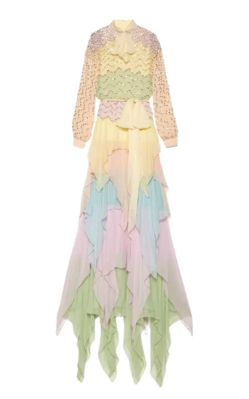 Ruffled Silk Gown Embellished with Pearls & Rhinestones made by Gucci