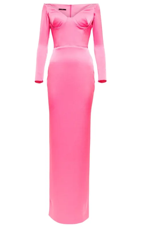 Lane Satin Crepe Off Shoulder  Gown made by Runaway Catalog