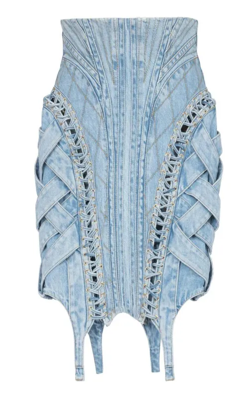 High-waist Lace-up Denim Skirt sold by Runaway Catalog