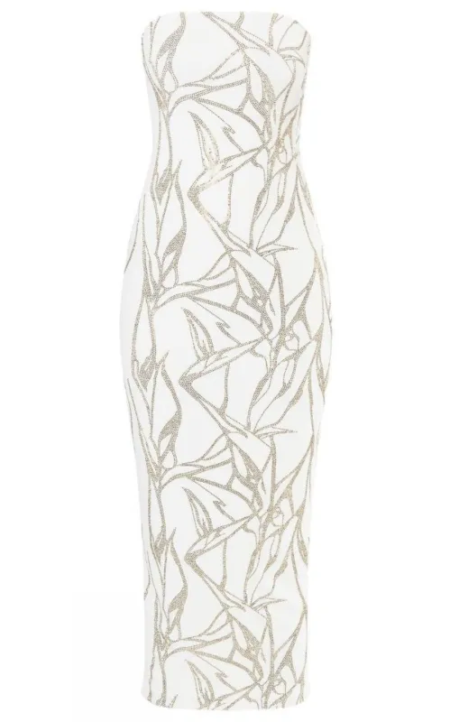 White Beaded Strapless Midi Dress made by Runaway Catalog