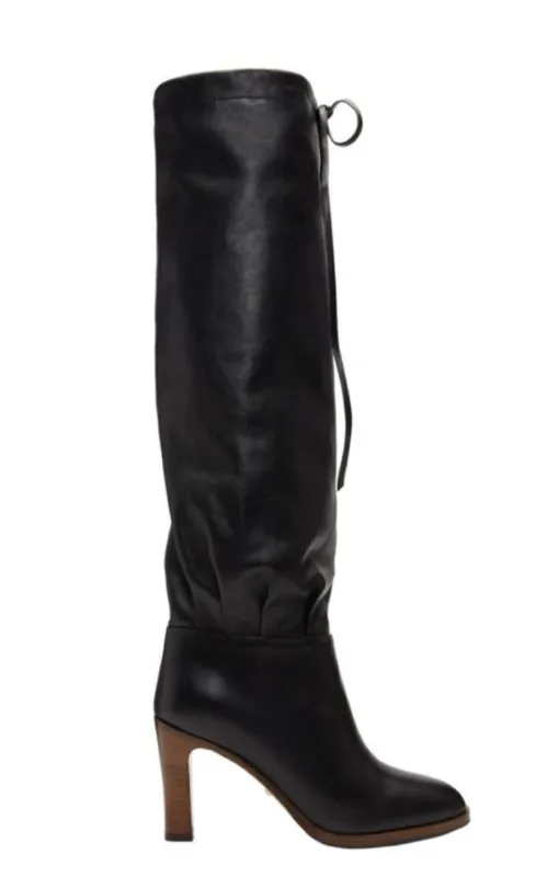 Black Leather Boots up to the Knee with Mid-heel sold by Runaway Catalog
