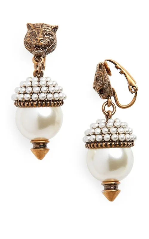 Feline Head Pearl Drop Earrings sold by Runaway Catalog