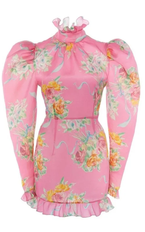 Floral Puff-Sleeve Silk Mini Dress sold by Runaway Catalog