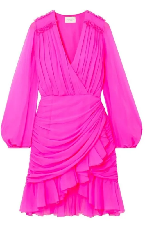 Ruched Neon Silk-Chiffon Mini Dress made by Giambattista Valli