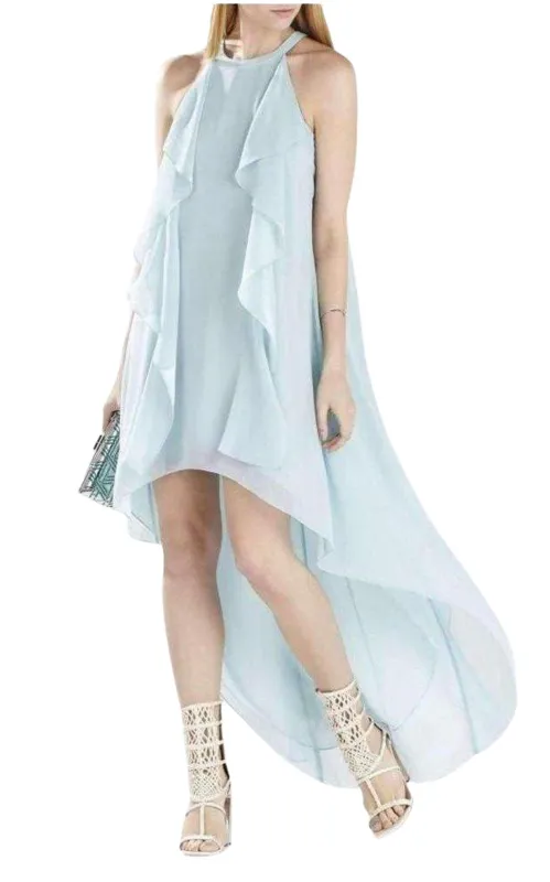 Kelsia Aqua Mist Cascade Ruffle Halter Dress sold by Runaway Catalog