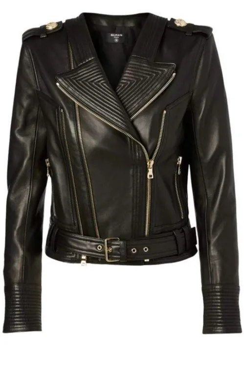 Lambskin Buckle-Belt Leather Jacket, Black sold by Runaway Catalog