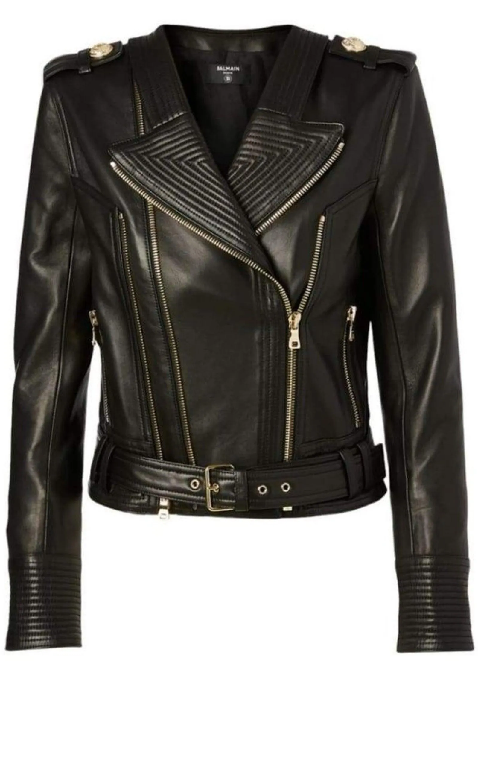 Lambskin Buckle-Belt Leather Jacket, Black sold by Runaway Catalog