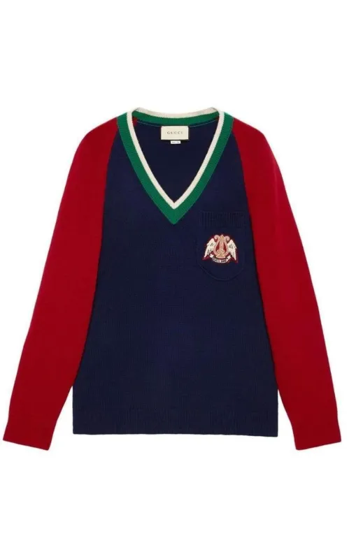 Blue V-neck Wool Sweater With Lyre sold by Runaway Catalog