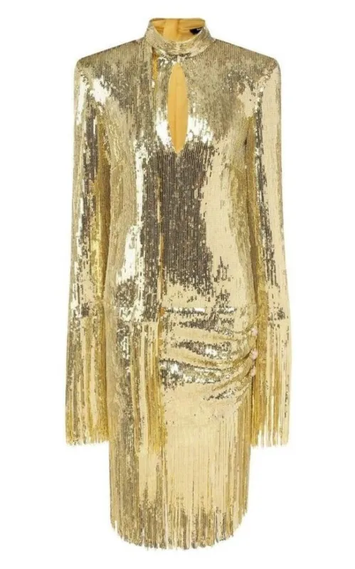 Fringed Gold Sequined Midi Dress sold by Runaway Catalog