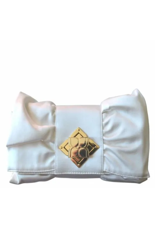 White Satin Signature Bow Ruffle Clutch sold by Runaway Catalog