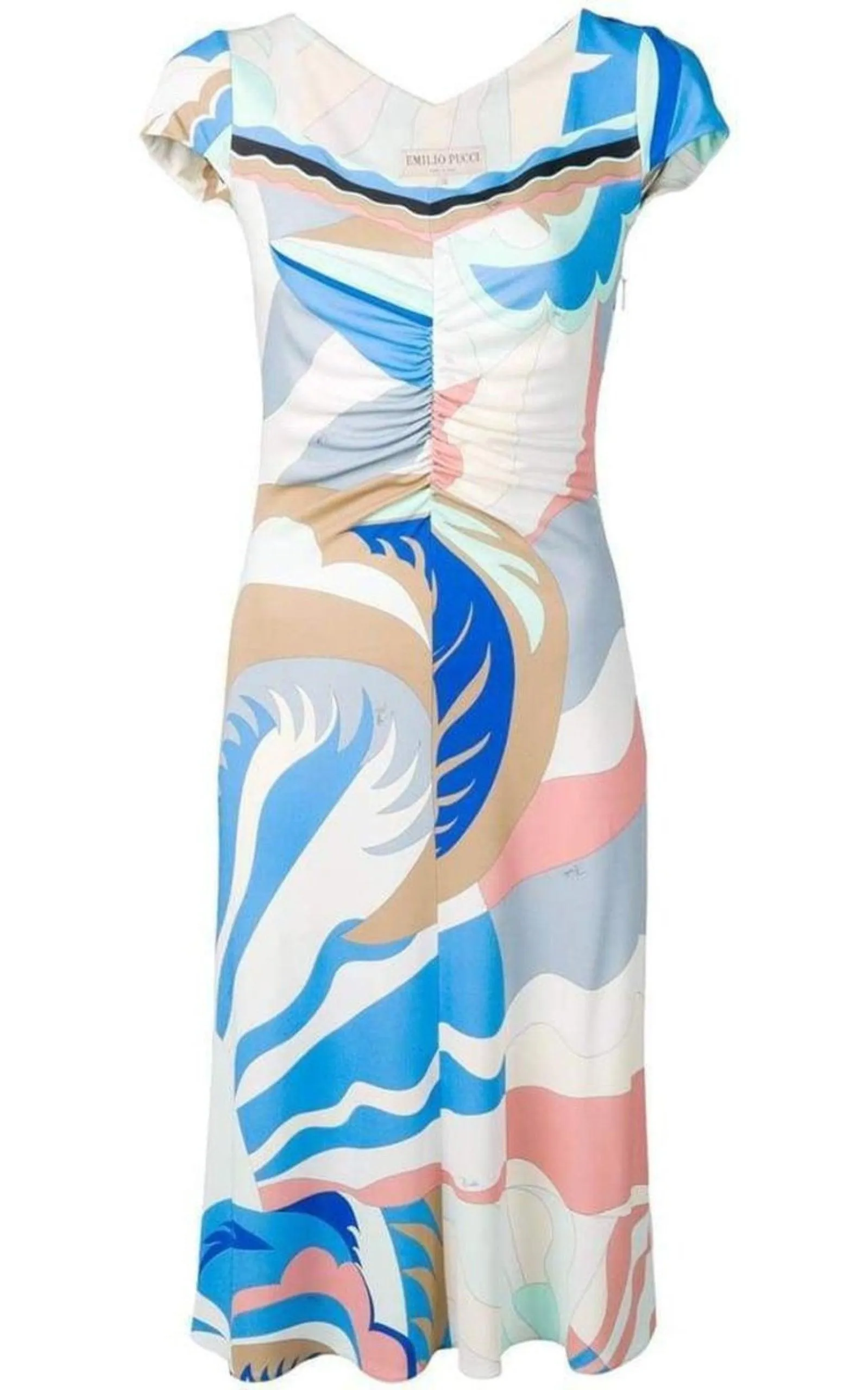 Blue Acapulco Print Gathered Silk Blend Dress sold by Runaway Catalog