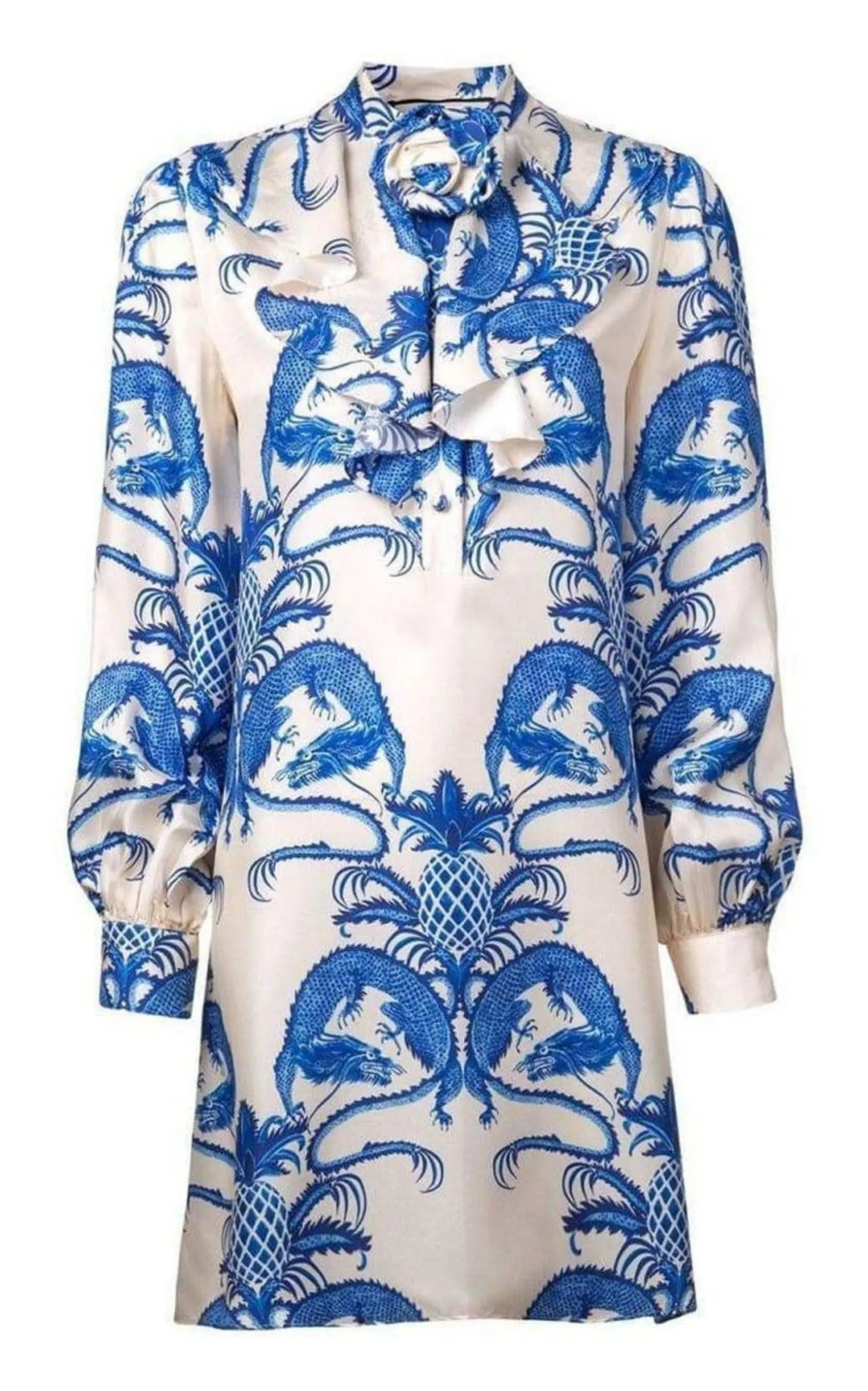 Silk Dragon Print Twill Ruffle Neck Dress sold by Runaway Catalog