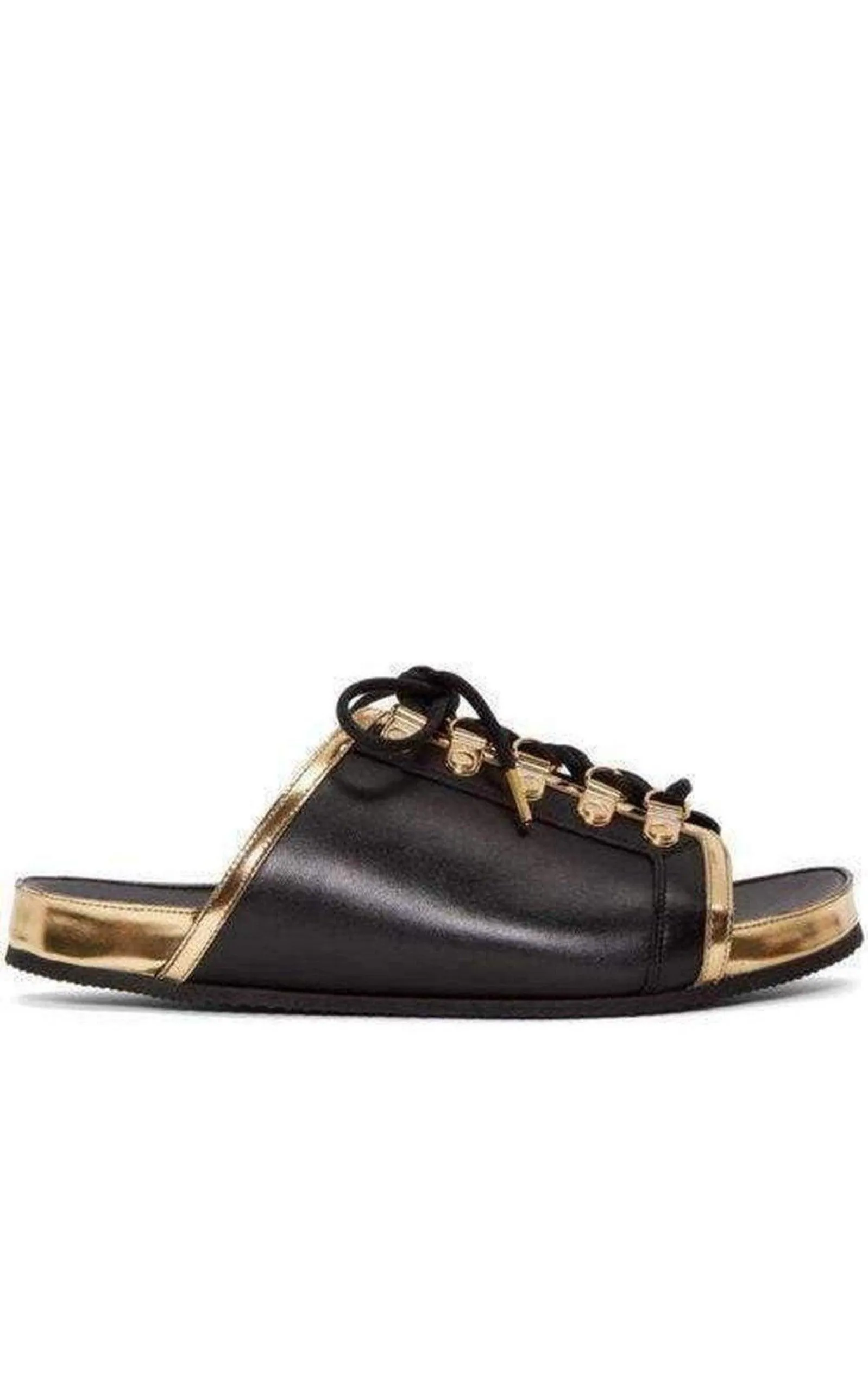 Black Gold Lace up Sliders Men Leather Sandals sold by Runaway Catalog