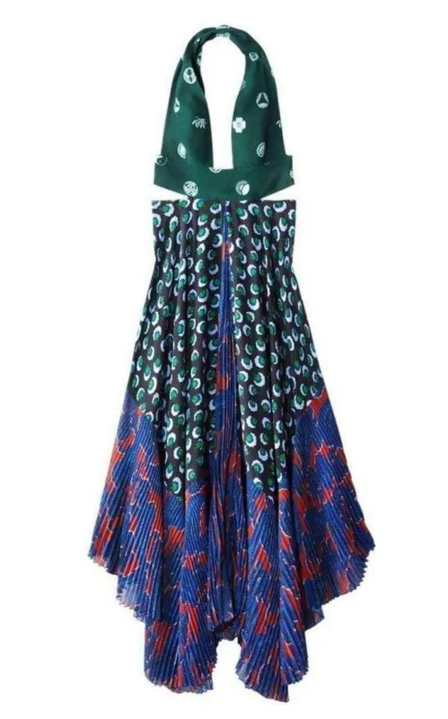 Caroline asymmetric printed silk and crepe dress sold by Runaway Catalog