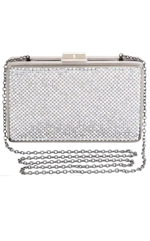 Sonia Silver Crystal Mesh Satin Frame Clutch sold by Runaway Catalog